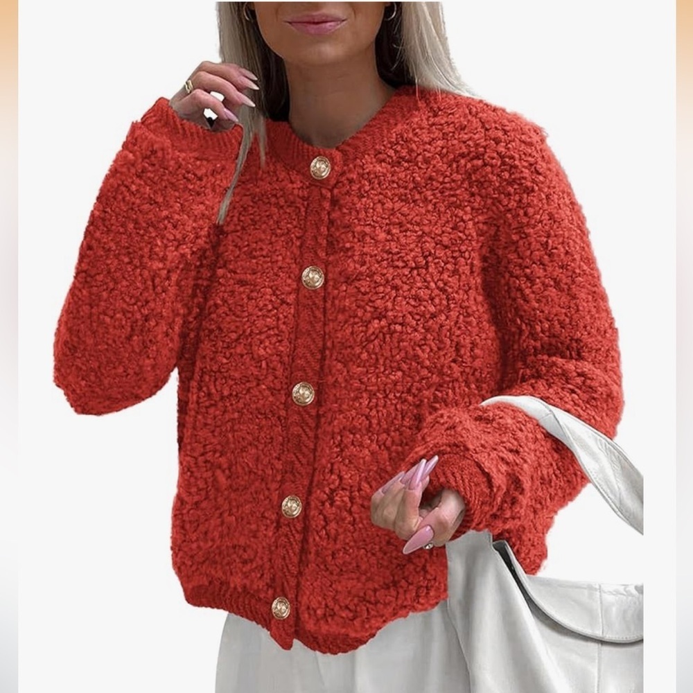 NWT Cozy Red Teddy Jacket with Gold Buttons